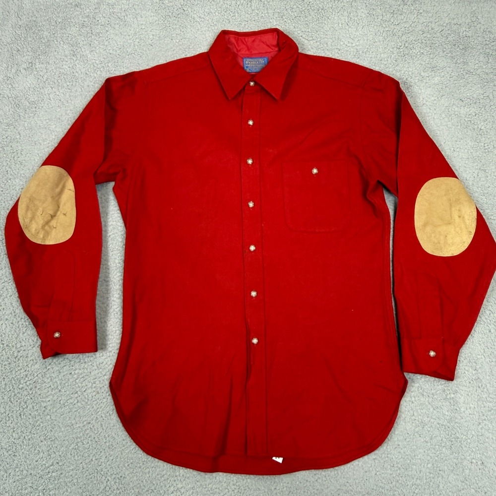 Vintage Pendleton Mens Red Wool Button Up Shirt Elbow Patches Medium USA Made